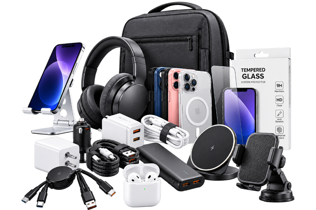 Headphones, wireless earbuds, a phone and charging accessories